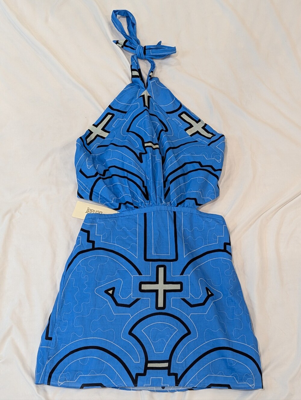 Benaar High Neck Tie Halter Cut Out Geometric Blue Dress Size S